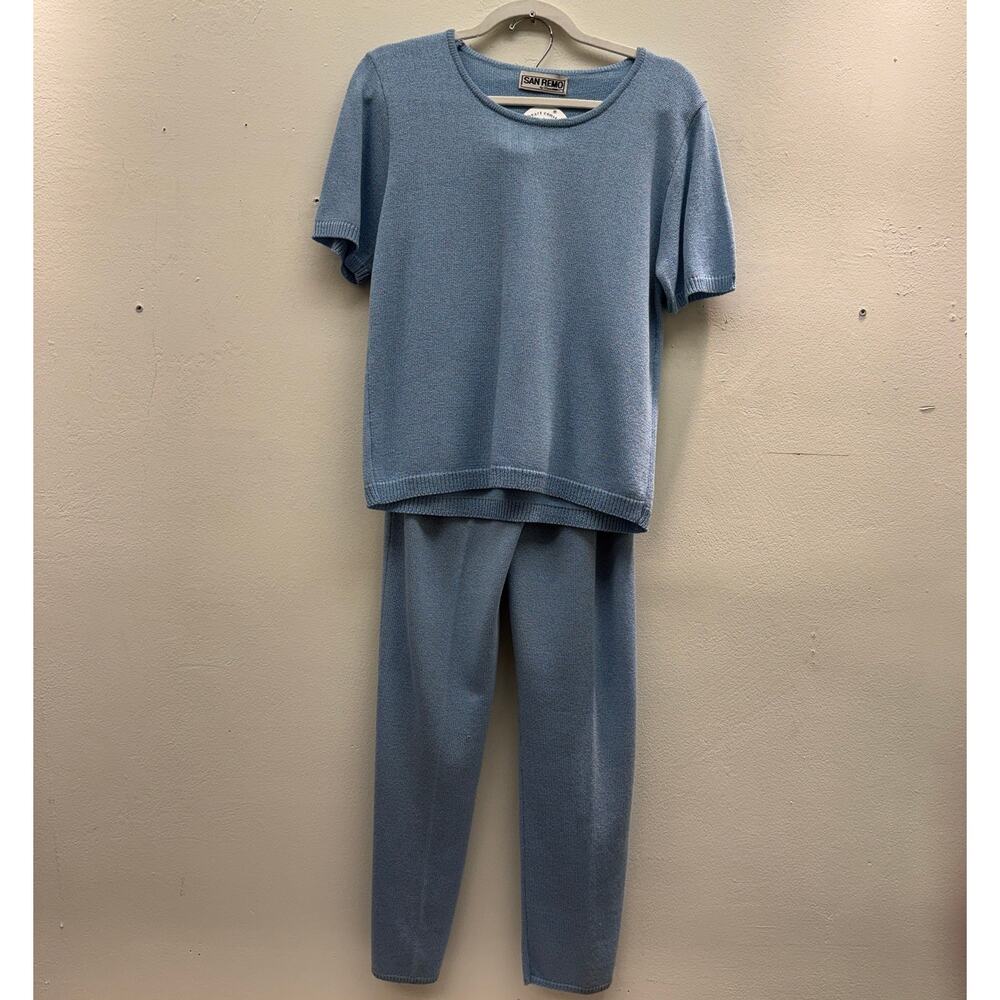 Vintage San Remo Matching Baby Blue Knit Pant Set Short Sleeve Baby Girl Chic